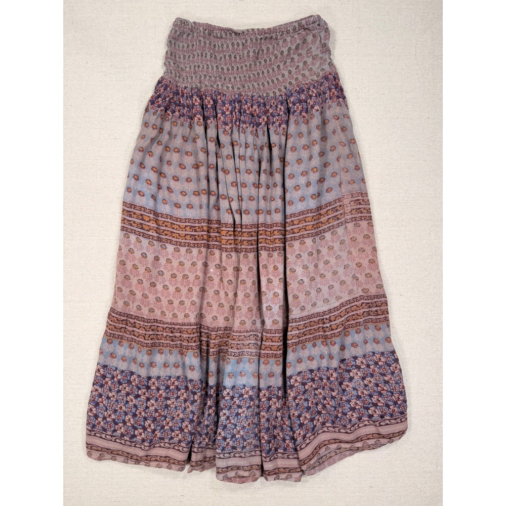 Cute Options Boho Floral Block Print Smocked Maxi Skirt Purple Pink One Size